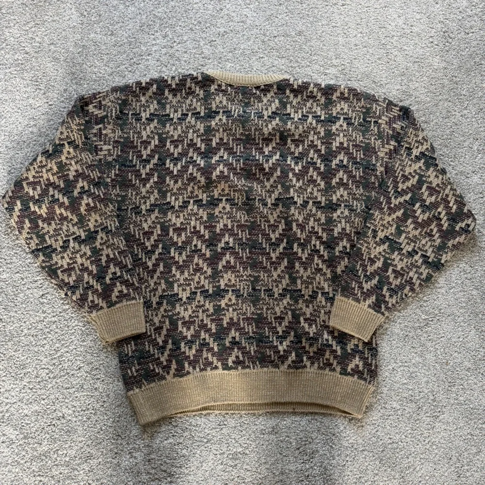 Vintage TSR USA Geometric Knit Sweater Mens Large Tan Burgundy Green Crewneck